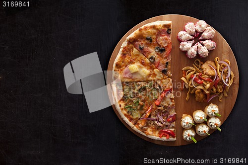 Image of pizza and sushi f