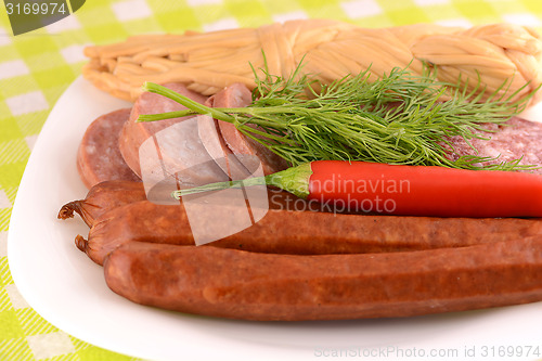 Image of salami, sausages and red pepper