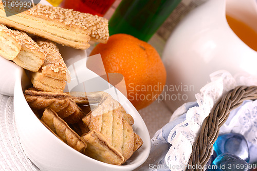 Image of sweet cake on white plate and fruits