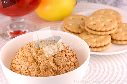 Image of sweet cake on white plate and fruits