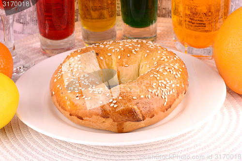 Image of sweet cake on white plate and fruits