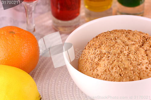 Image of sweet cake on white plate and fruits