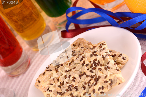 Image of sweet cake on white plate and fruits