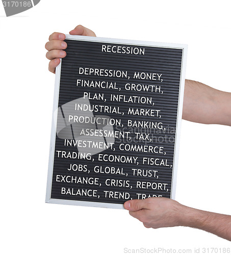 Image of Recession concept in plastic letters on very old menu board