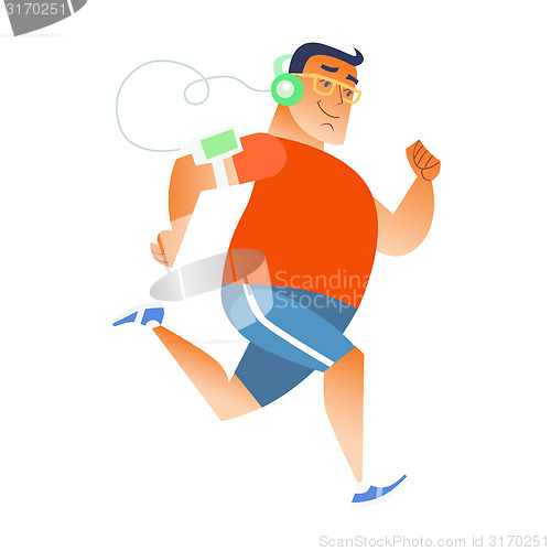 Image of Fat man does running listening music player headphones