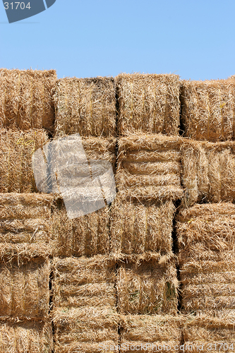 Image of hay bales wall against blue sky