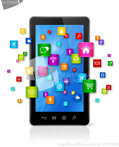 Image of Mobile Phone and flying apps icons