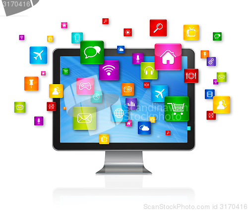 Image of Desktop Computer and flying apps icons