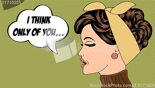 Image of pop art cute retro woman in comics style with message