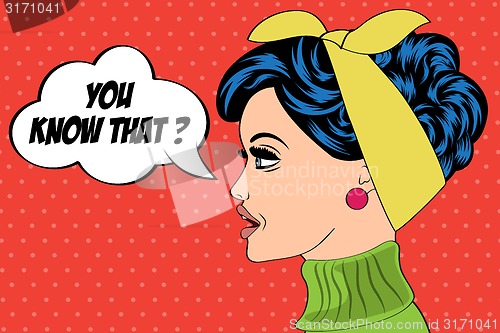 Image of pop art cute retro woman in comics style with message