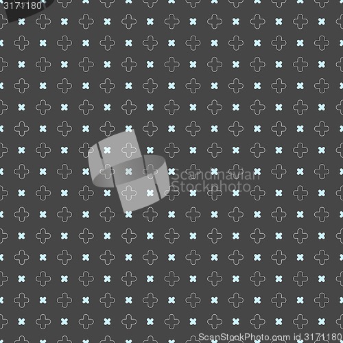 Image of Colored geometrical pattern with blue cross shapes on dark gray