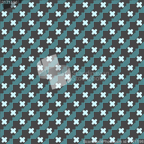 Image of Colored geometrical pattern with blue cross shapes and dots