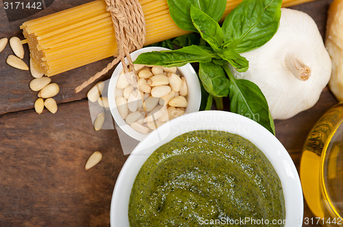 Image of Italian traditional basil pesto pasta ingredients