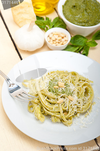 Image of Italian traditional basil pesto pasta ingredients