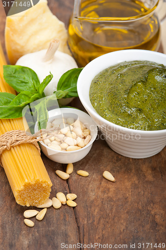 Image of Italian traditional basil pesto pasta ingredients