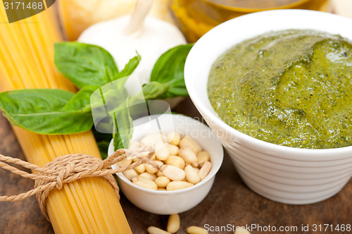 Image of Italian traditional basil pesto pasta ingredients