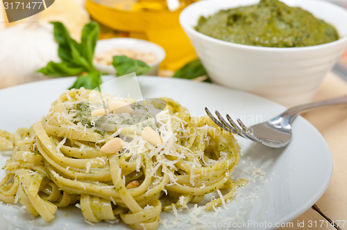 Image of Italian traditional basil pesto pasta ingredients