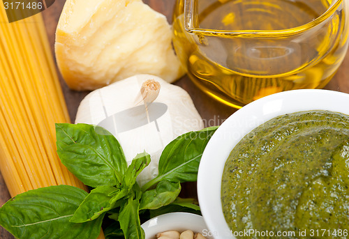 Image of Italian traditional basil pesto pasta ingredients