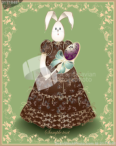Image of Easter card.  Illustration of an easter rabbit with egg. Illustr