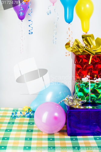 Image of Balloons and gifts. Background or card
