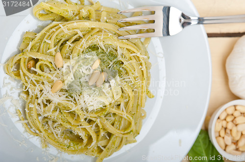 Image of Italian traditional basil pesto pasta ingredients