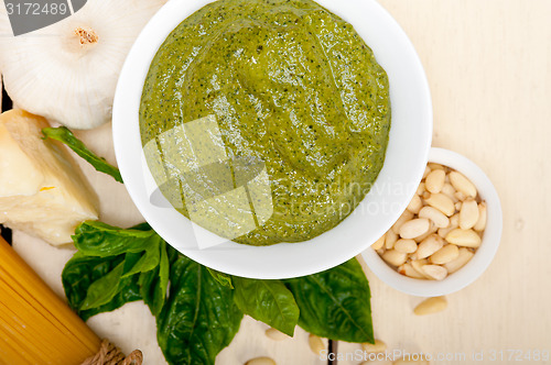 Image of Italian traditional basil pesto pasta ingredients