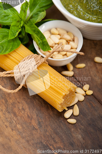 Image of Italian traditional basil pesto pasta ingredients