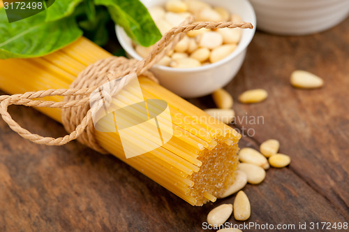 Image of Italian traditional basil pesto pasta ingredients