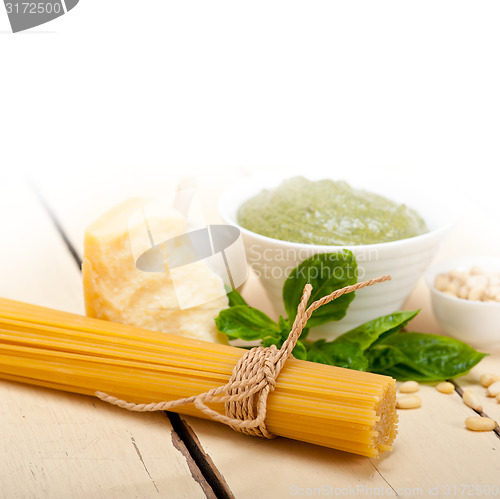 Image of Italian traditional basil pesto pasta ingredients