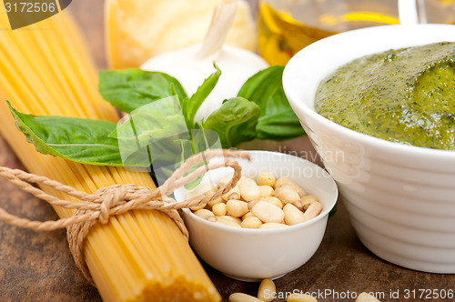 Image of Italian traditional basil pesto pasta ingredients