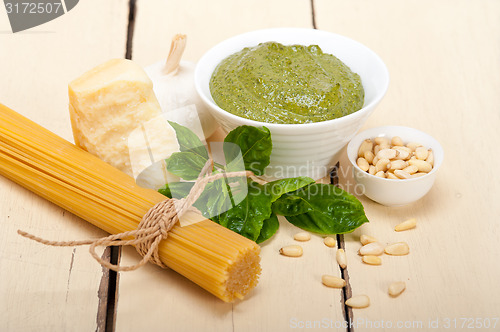 Image of Italian traditional basil pesto pasta ingredients