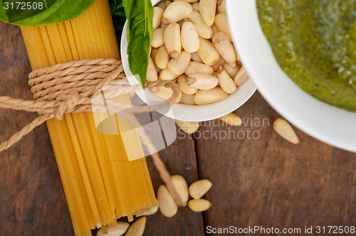 Image of Italian traditional basil pesto pasta ingredients