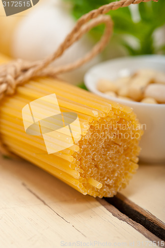 Image of Italian traditional basil pesto pasta ingredients