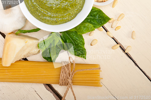 Image of Italian traditional basil pesto pasta ingredients