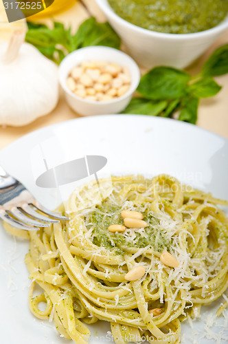 Image of Italian traditional basil pesto pasta ingredients