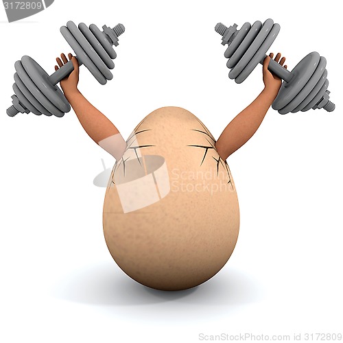 Image of Egg holds a dumbbells