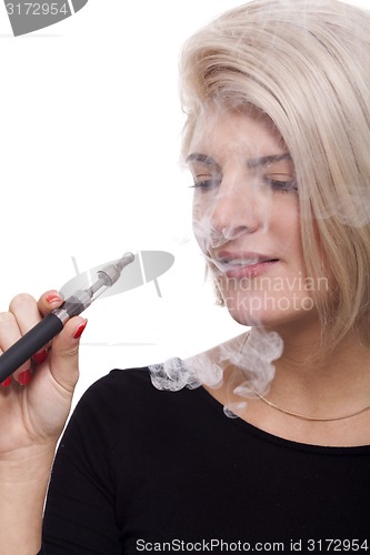 Image of Close up Blond Woman Smoking Using E- Cigarette