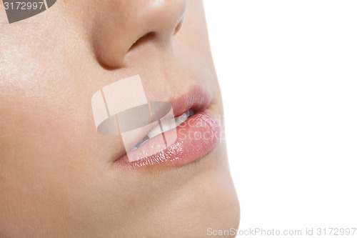 Image of Close up Pink Lips of a Woman on White Background