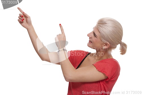 Image of Happy Blond Woman Pointing Up with Both Hands