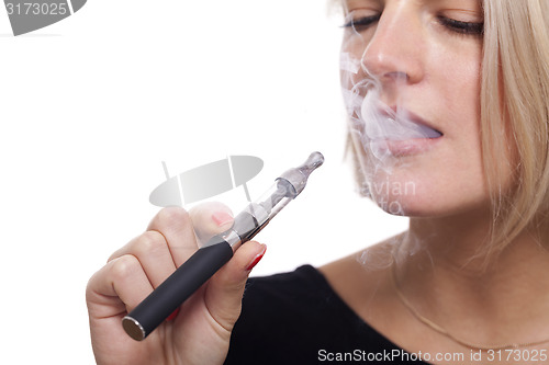 Image of Close up Blond Woman Smoking Using E- Cigarette