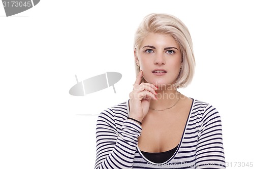 Image of Smiling Pretty Blond Woman in Casual Stripe Shirt