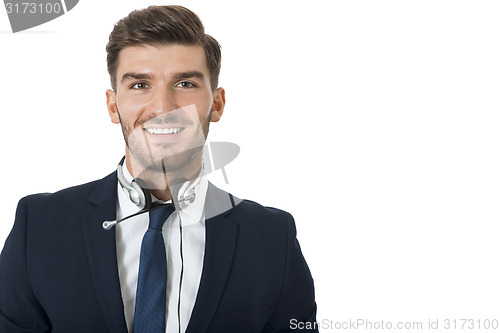 Image of Man wearing headset with stereo headphones