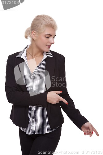 Image of Businesswoman Pointing Up While Looking at Camera