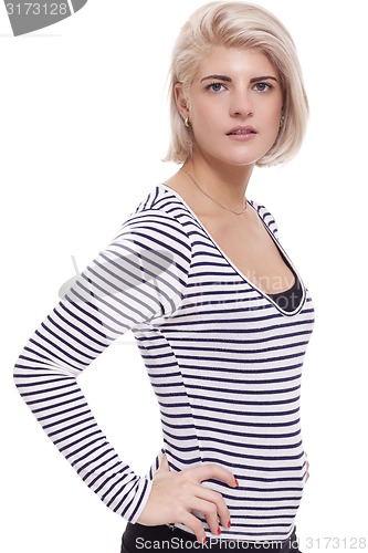 Image of Smiling Pretty Blond Woman in Casual Stripe Shirt