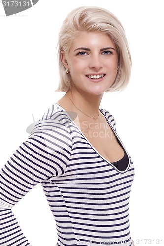 Image of Smiling Pretty Blond Woman in Casual Stripe Shirt