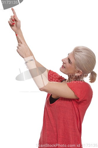 Image of Happy Blond Woman Pointing Up with Both Hands