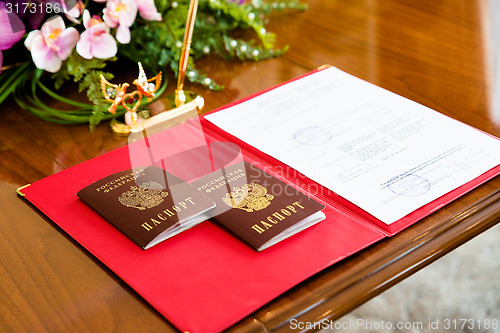 Image of Russian passports in the registry office.