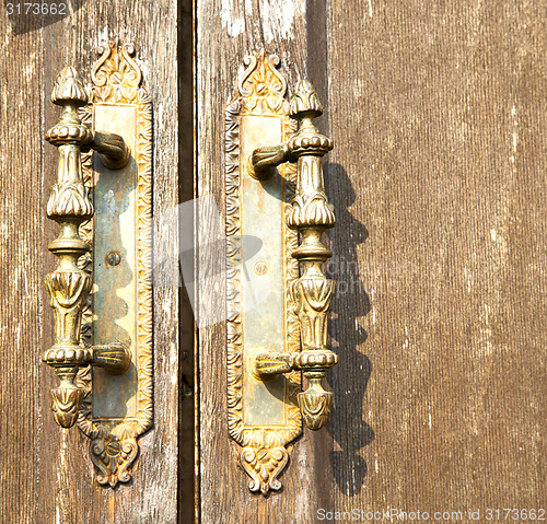 Image of lentate abstract   rusty brass brown knocker in a   door 