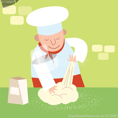 Image of Chef restaurant kitchen kneads dough. Cook