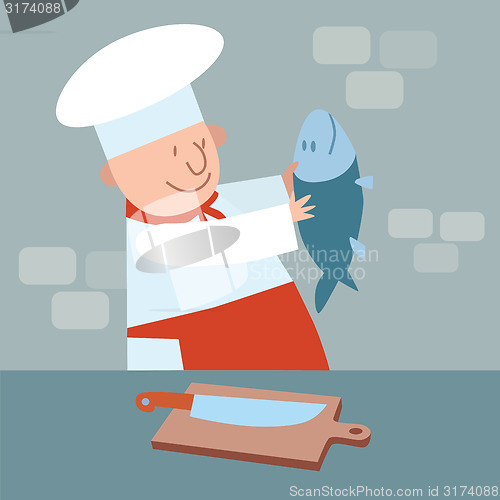 Image of Cook cut up fresh fish. chef in kitchen